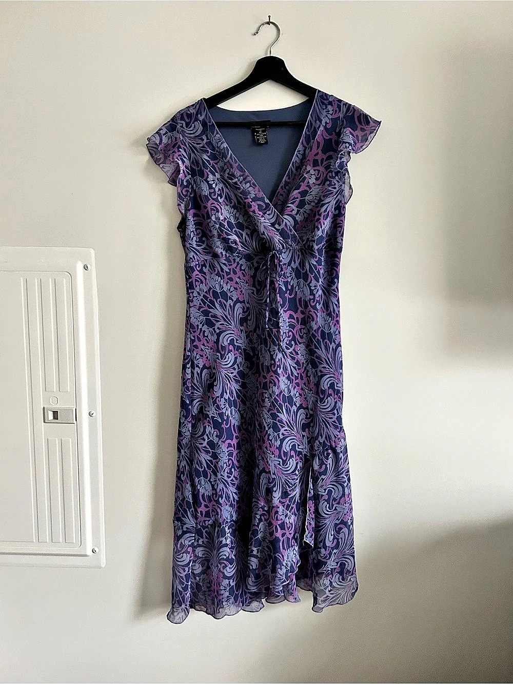 Y2K Whimsical Purple Floral Midi Dress Flutter Sleeves